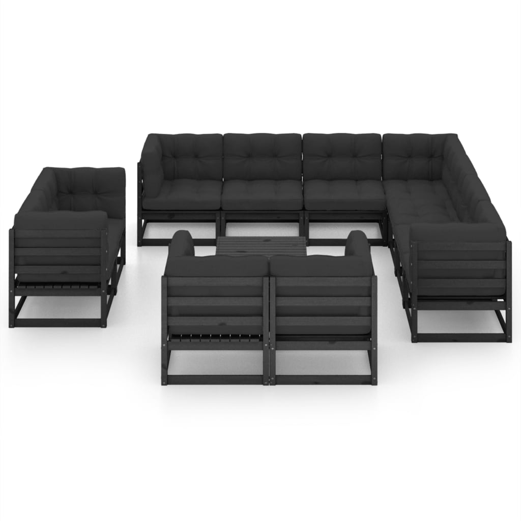 12-tlg. Garten-Lounge-Set mit Kissen Schwarz Kiefer Massivholz
